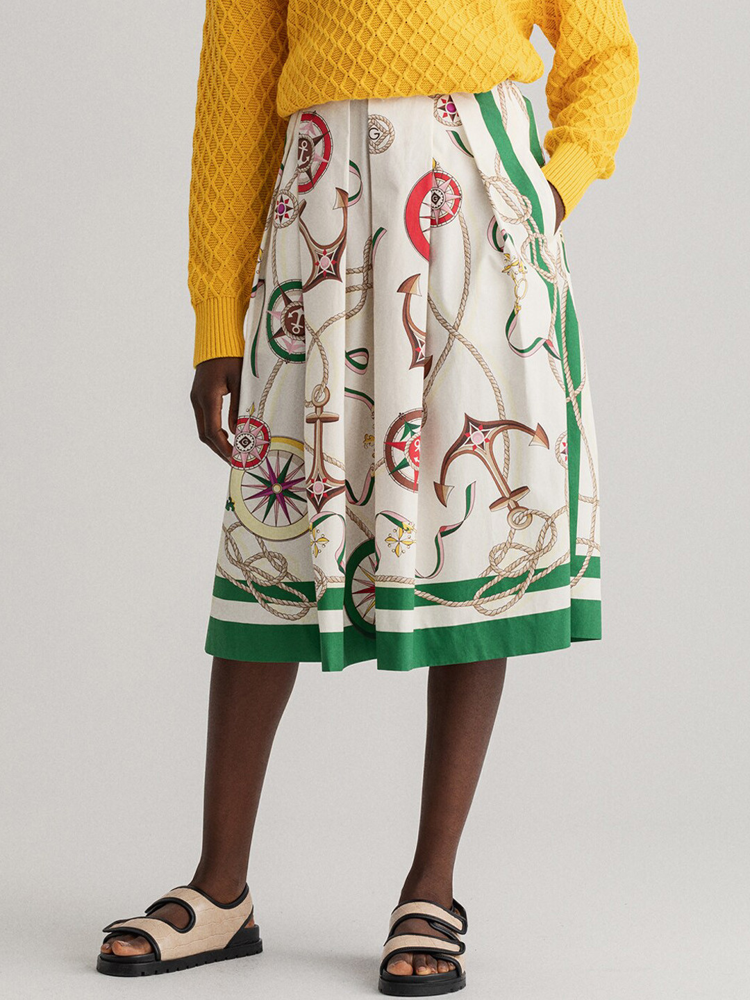 

GANT Women White & Green Printed Pure Cotton Flared Midi Pleated Skirt