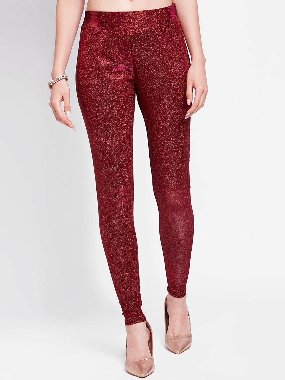 

Ira Soleil Women Red Embellished Skinny Fit Jeggings
