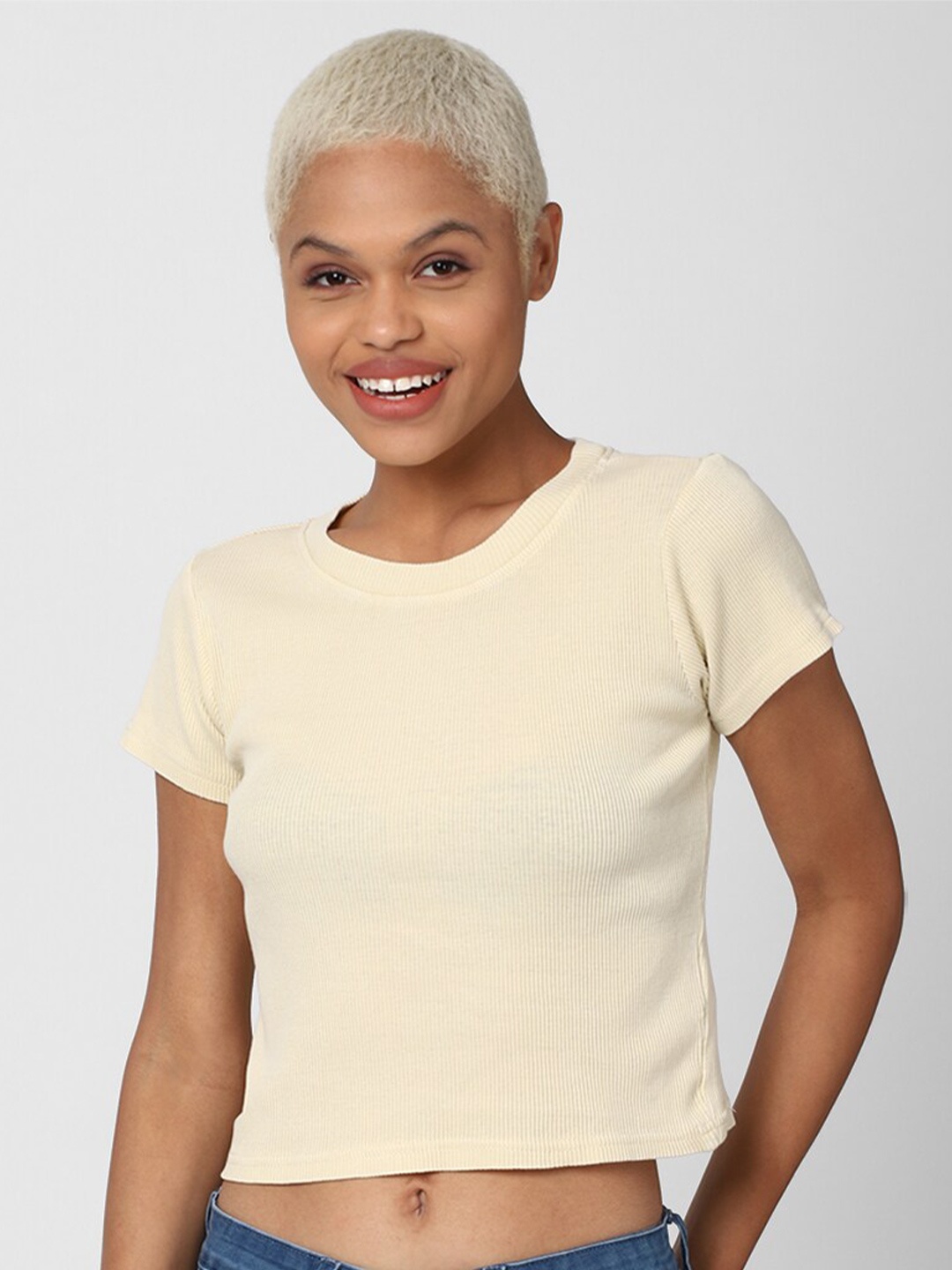 

FOREVER 21 Women Beige Cotton Crop Top