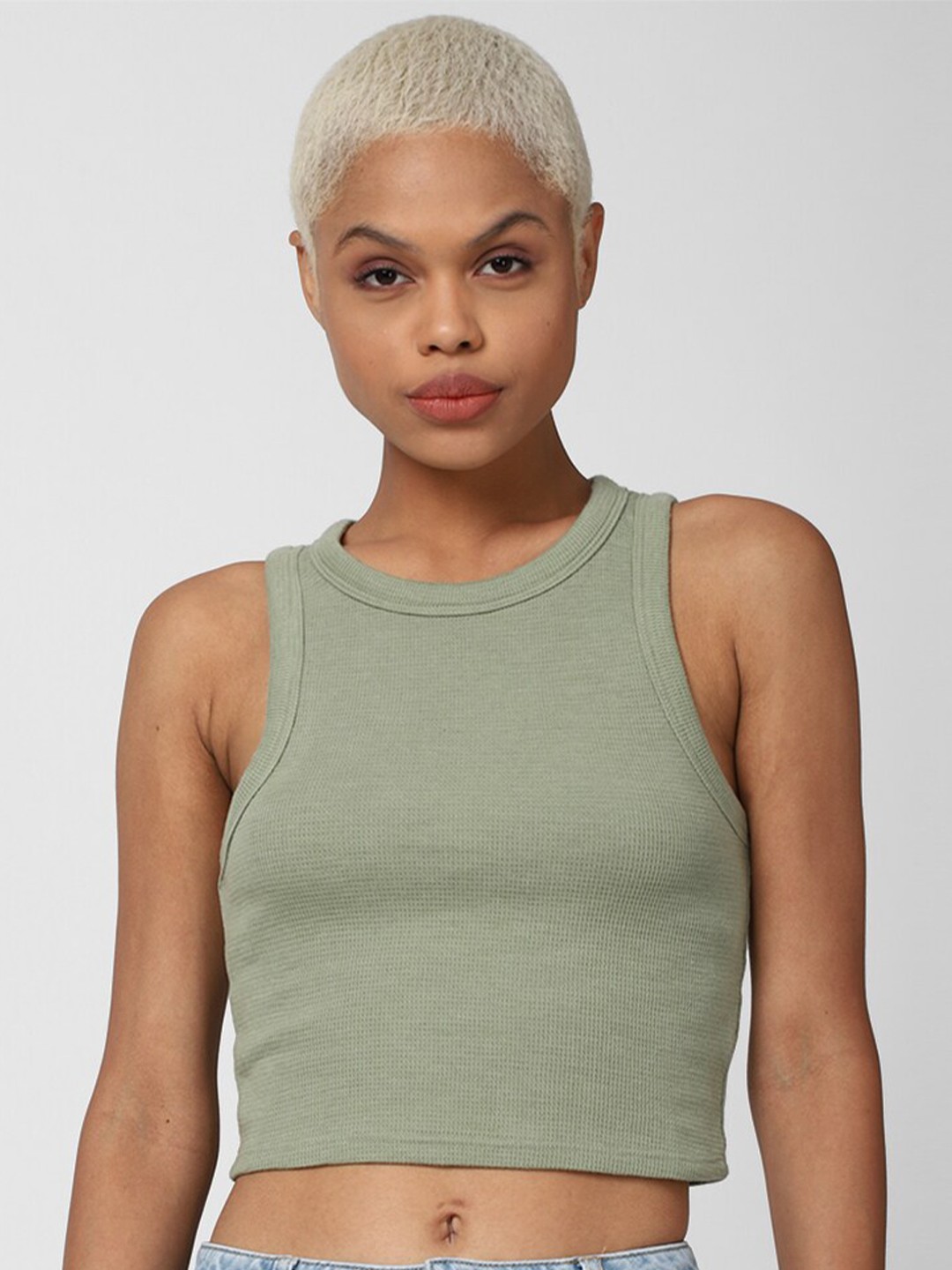 

FOREVER 21 Women Olive Solid Cropped Tank Top