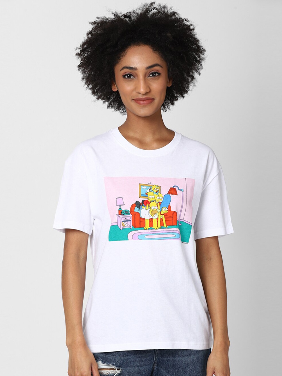 

FOREVER 21 Women Multicoloured The Simpsons Print Pure Cotton Top, Multi