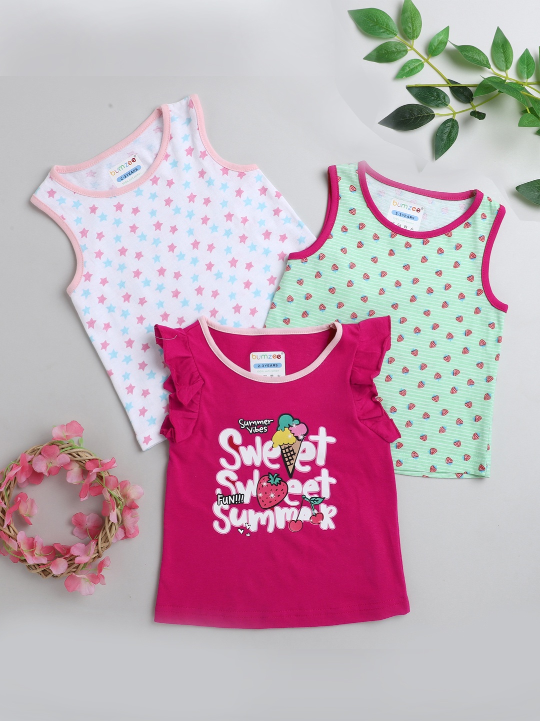 

BUMZEE Girls 3 Printed Cotton T-shirts, Pink