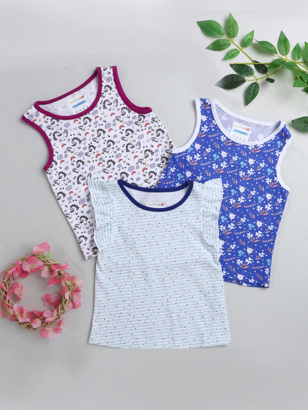 

BUMZEE Girls Navy Blue & White Pack of 3 Printed Cotton T-shirt