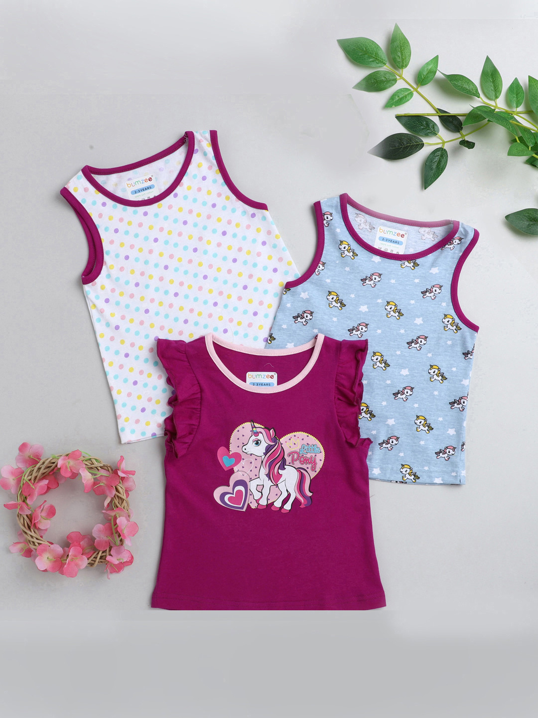 

BUMZEE Girls Pack of 3 Printed T-shirts, Purple