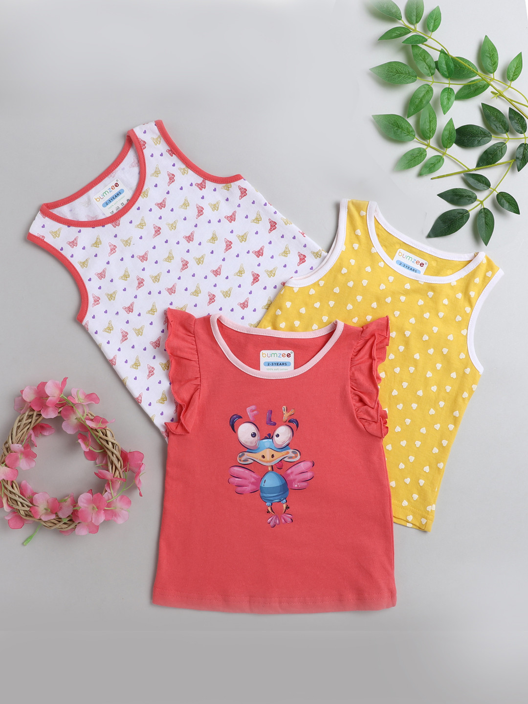 

BUMZEE Girls Pack of 3 Printed Cotton T-shirt, Coral