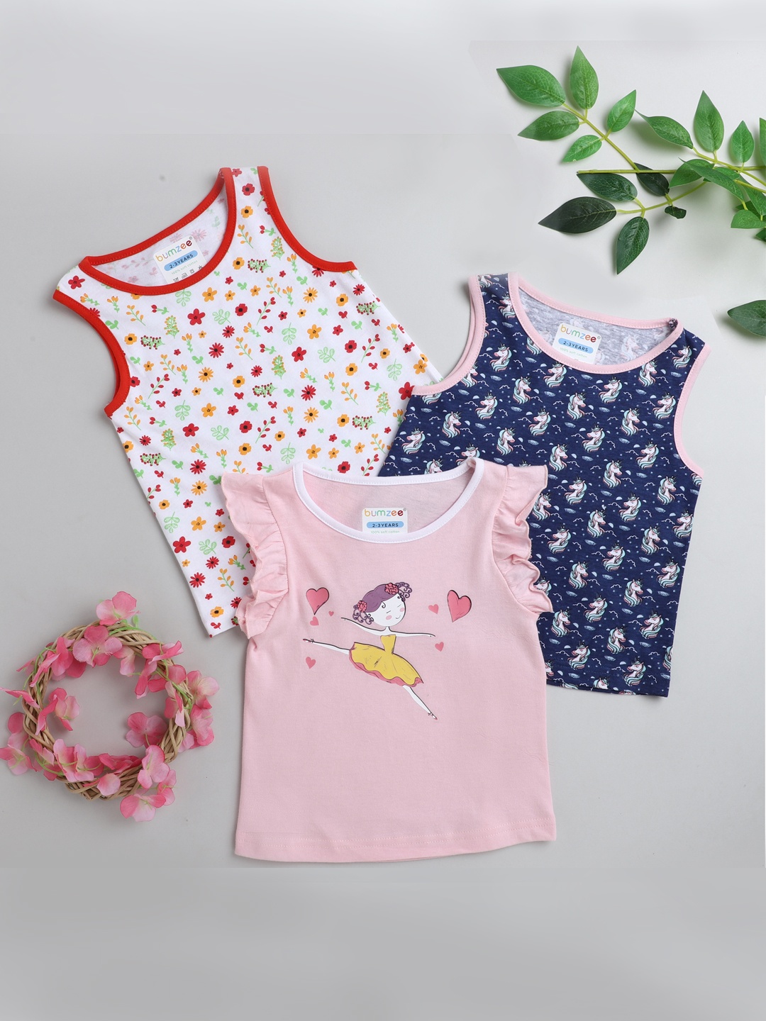 

BUMZEE Girls 3 Printed Cotton T-shirts, Pink