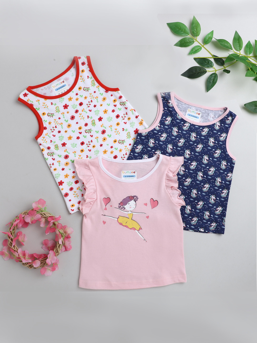 

BUMZEE Girls Pack of 3 Printed T-shirts, Pink