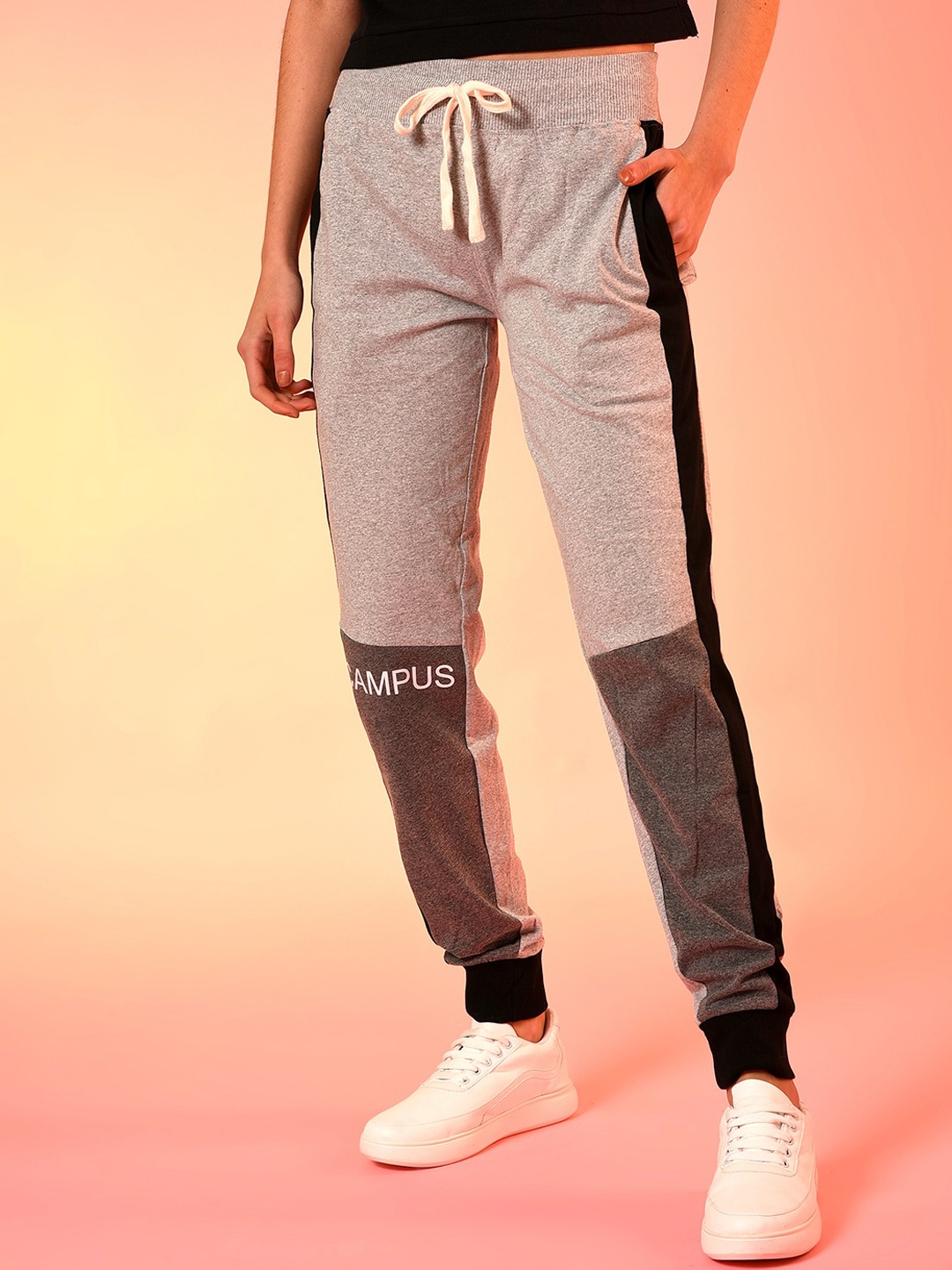 

Campus Sutra Women Grey & Black Slim Fit Colourblocked Track Pants