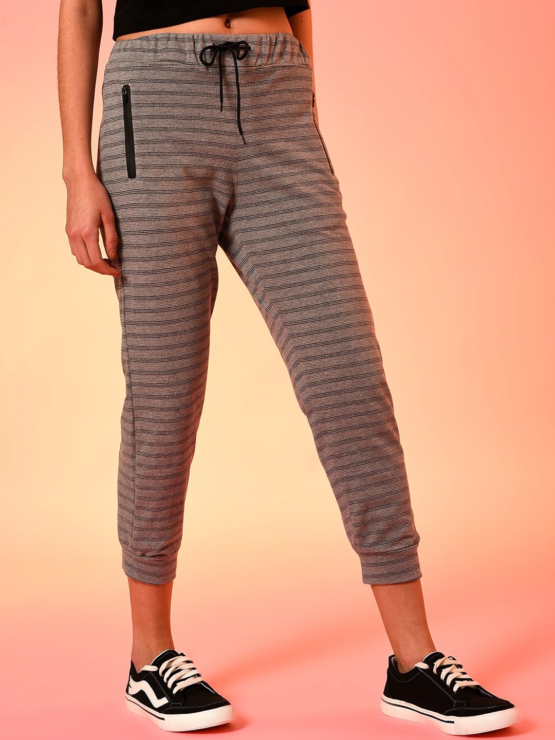 

Campus Sutra Women Grey Striped Three-Fourth Cotton Joggers