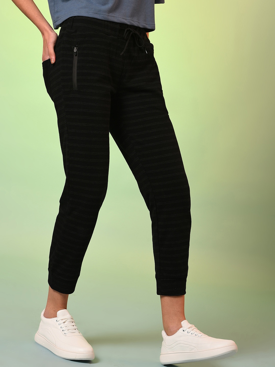 

Campus Sutra Women Black & Grey Striped Cotton Joggers