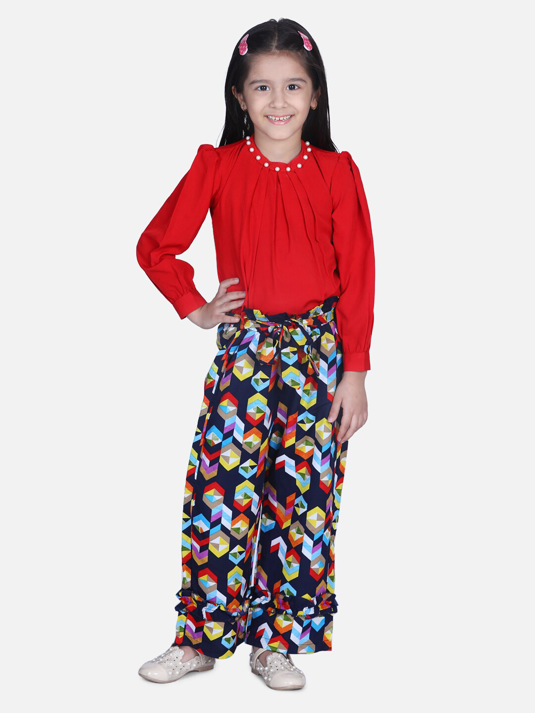

Cutiekins Girls Red & Navy Blue Embellished Top with Trousers