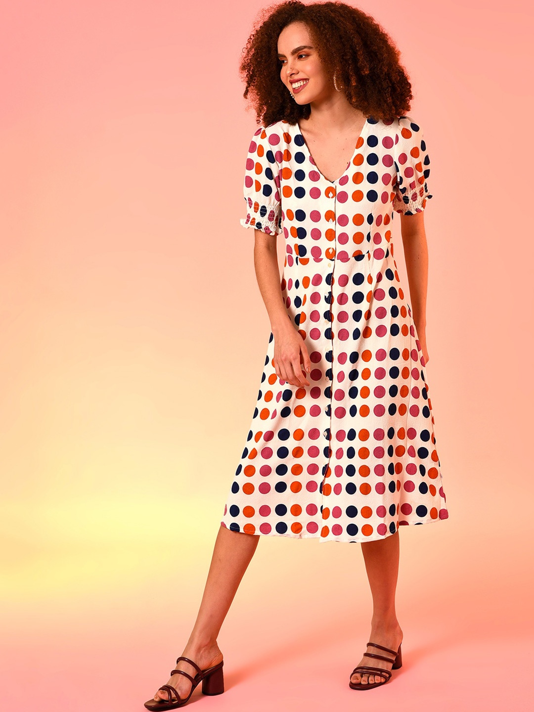 

Campus Sutra Multicoloured Polka Dots Printed A-Line Midi Dress, Multi