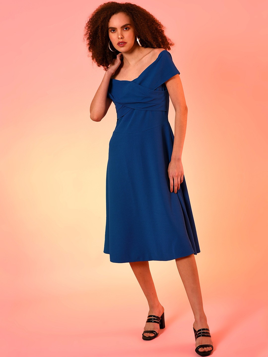 

Campus Sutra Blue Off-Shoulder Crepe Dress