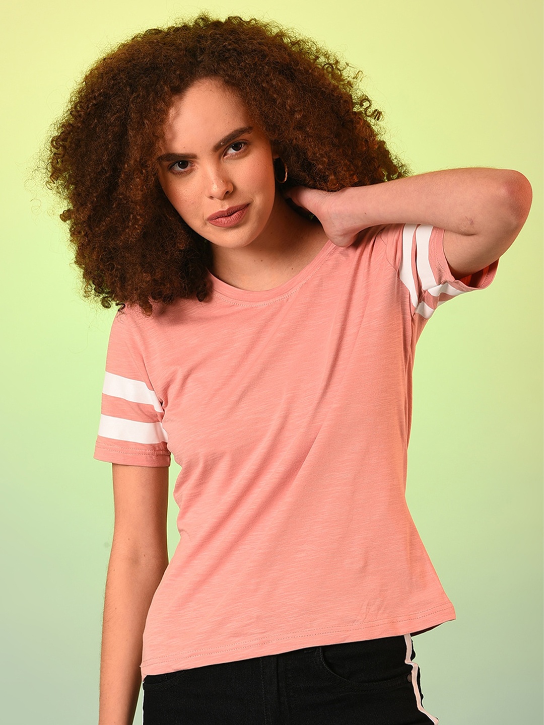 

Campus Sutra Women Pink & White Solid Cotton Casual Top