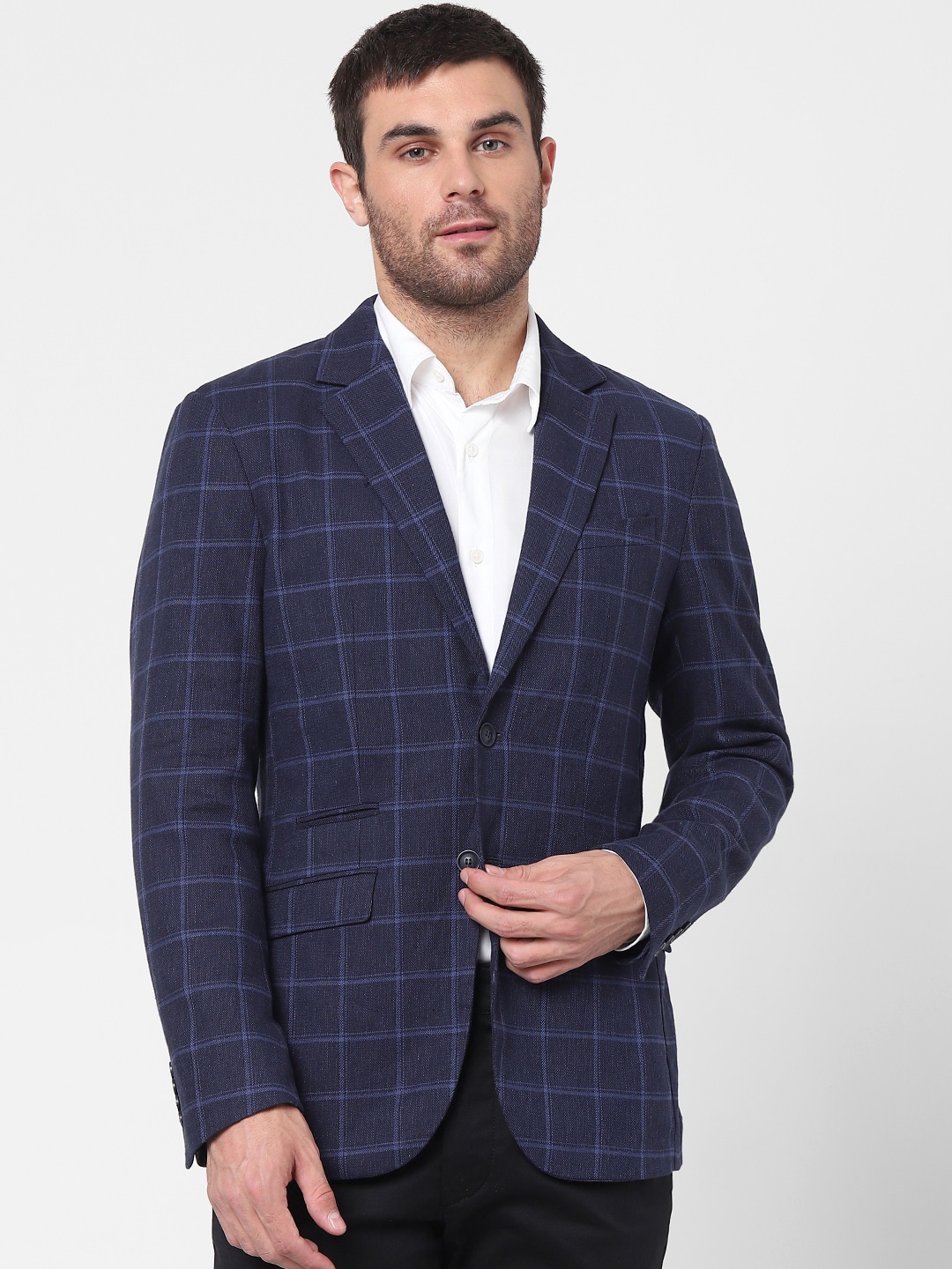 

SELECTED Men Blue Checked Single-Breasted Slim-Fit Formal Blazer