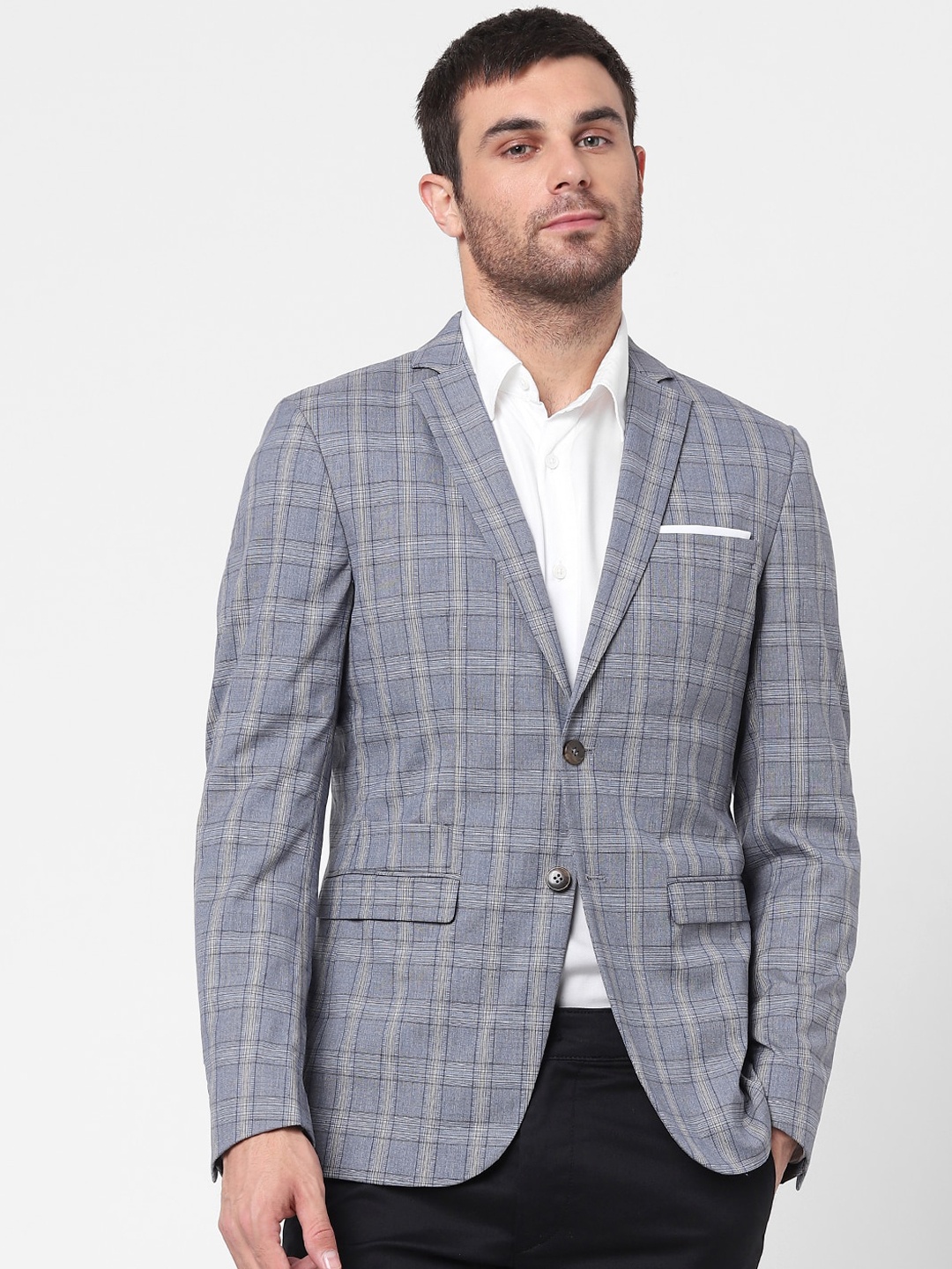 

SELECTED Men Blue Checked Slim-Fit Single-Breasted Formal Blazer