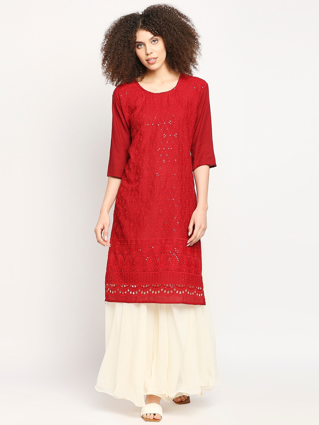 

Ira Soleil Women Maroon & Cream Ethnic Motifs Embroidered Kurta With Palazzos