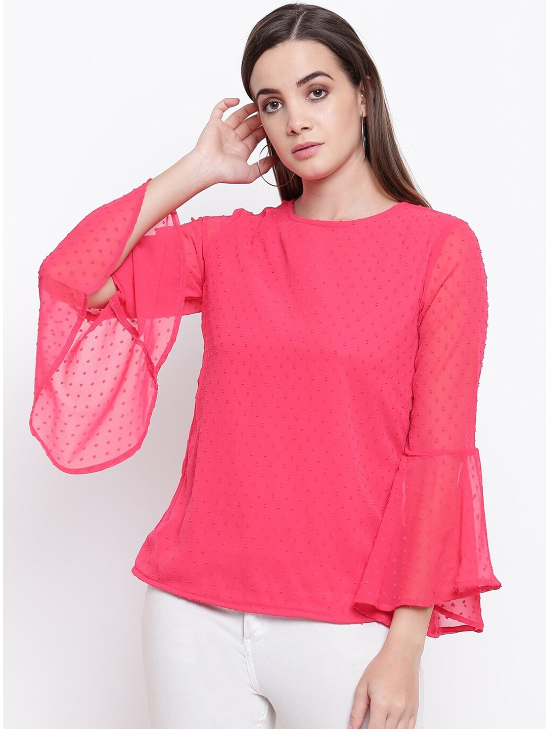 

RIVI Pink Dobby Bell Sleeve Net Top