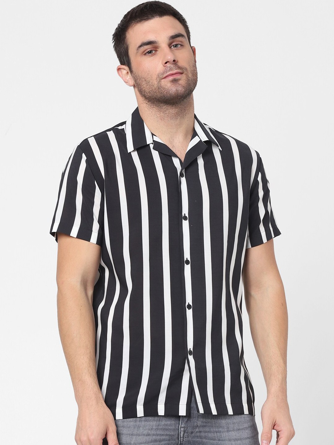 

SELECTED Men Black & White Striped Casual Shirt