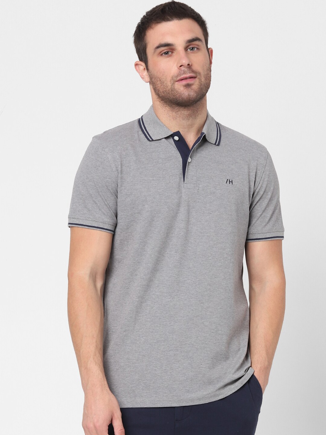 

SELECTED Men Grey Polo Collar Organic Cotton T-shirt