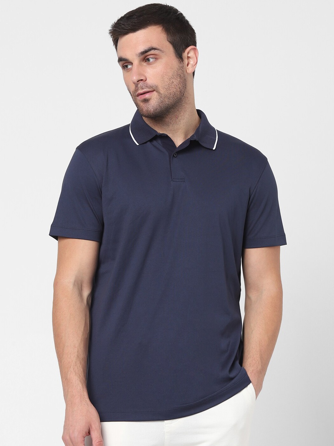 

SELECTED Men Navy Blue Polo Collar Organic Cotton T-shirt