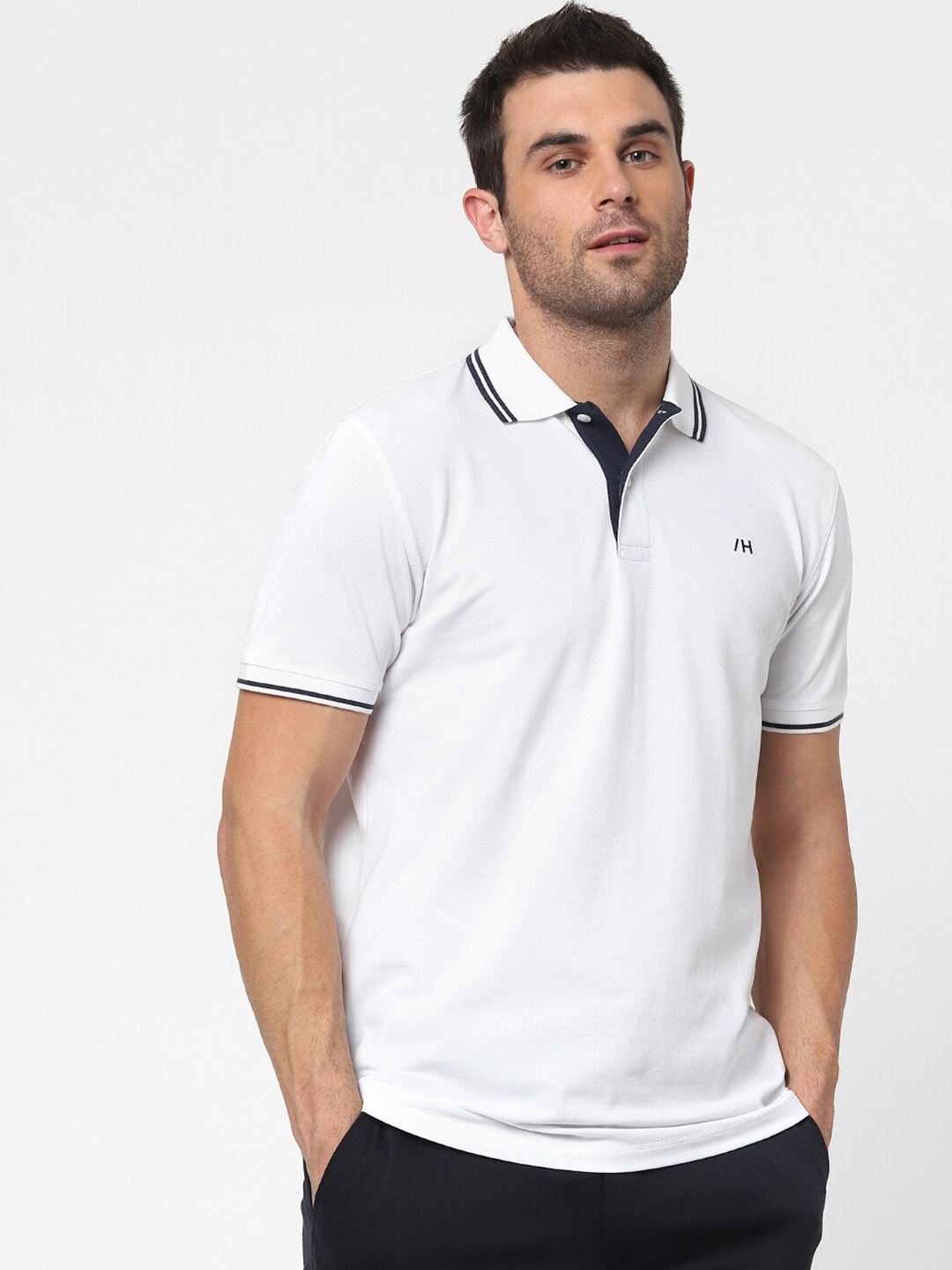 

SELECTED Men White Polo Collar Organic Cotton T-shirt