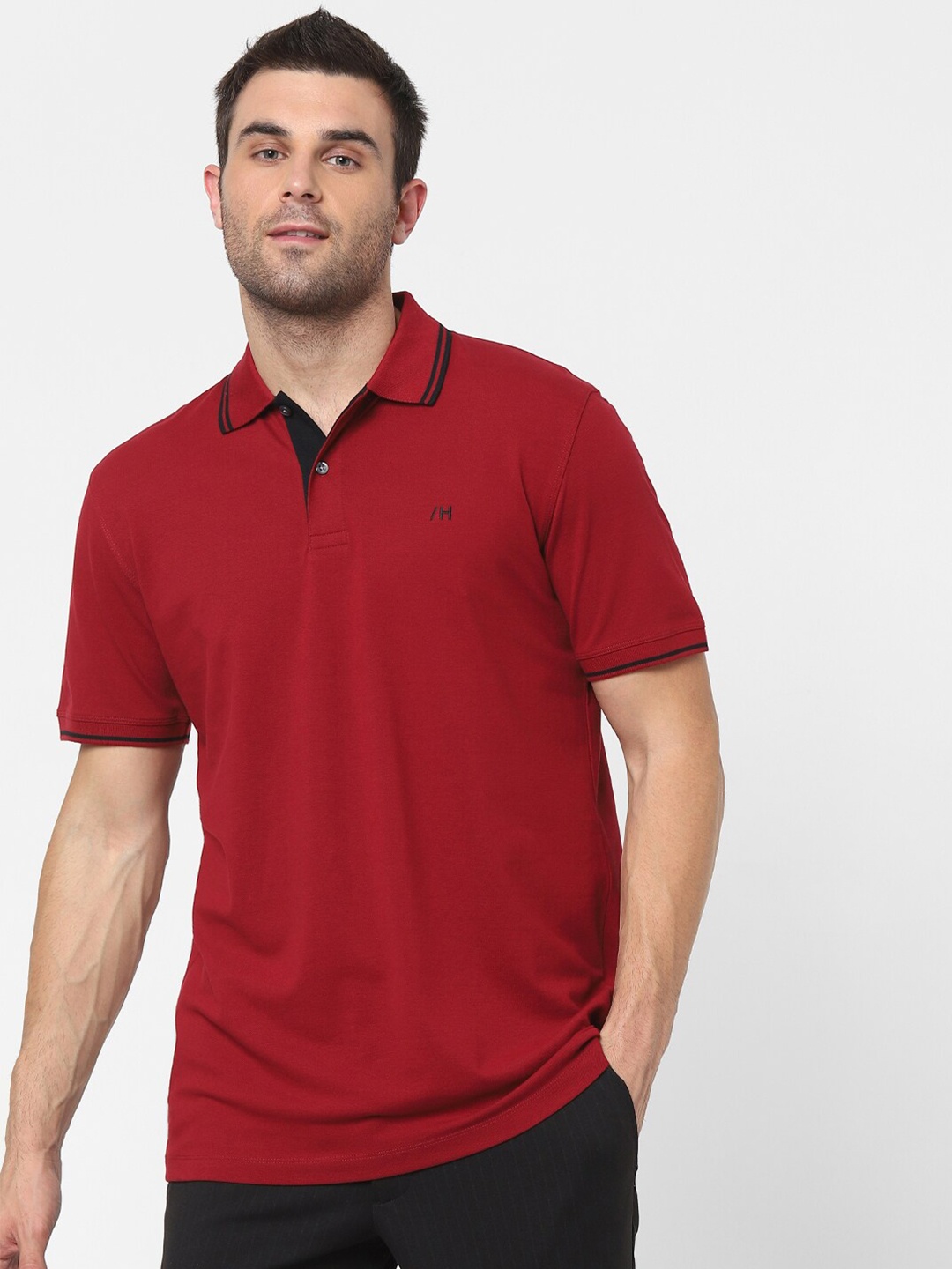 

SELECTED Men Red Polo Collar Organic Cotton T-shirt