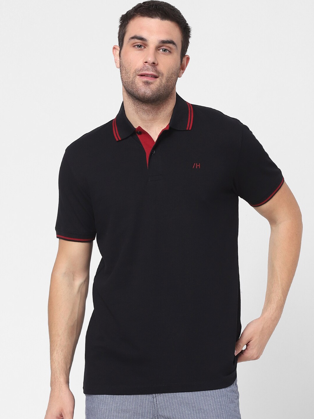

SELECTED Men Black Polo Collar Organic Cotton T-shirt
