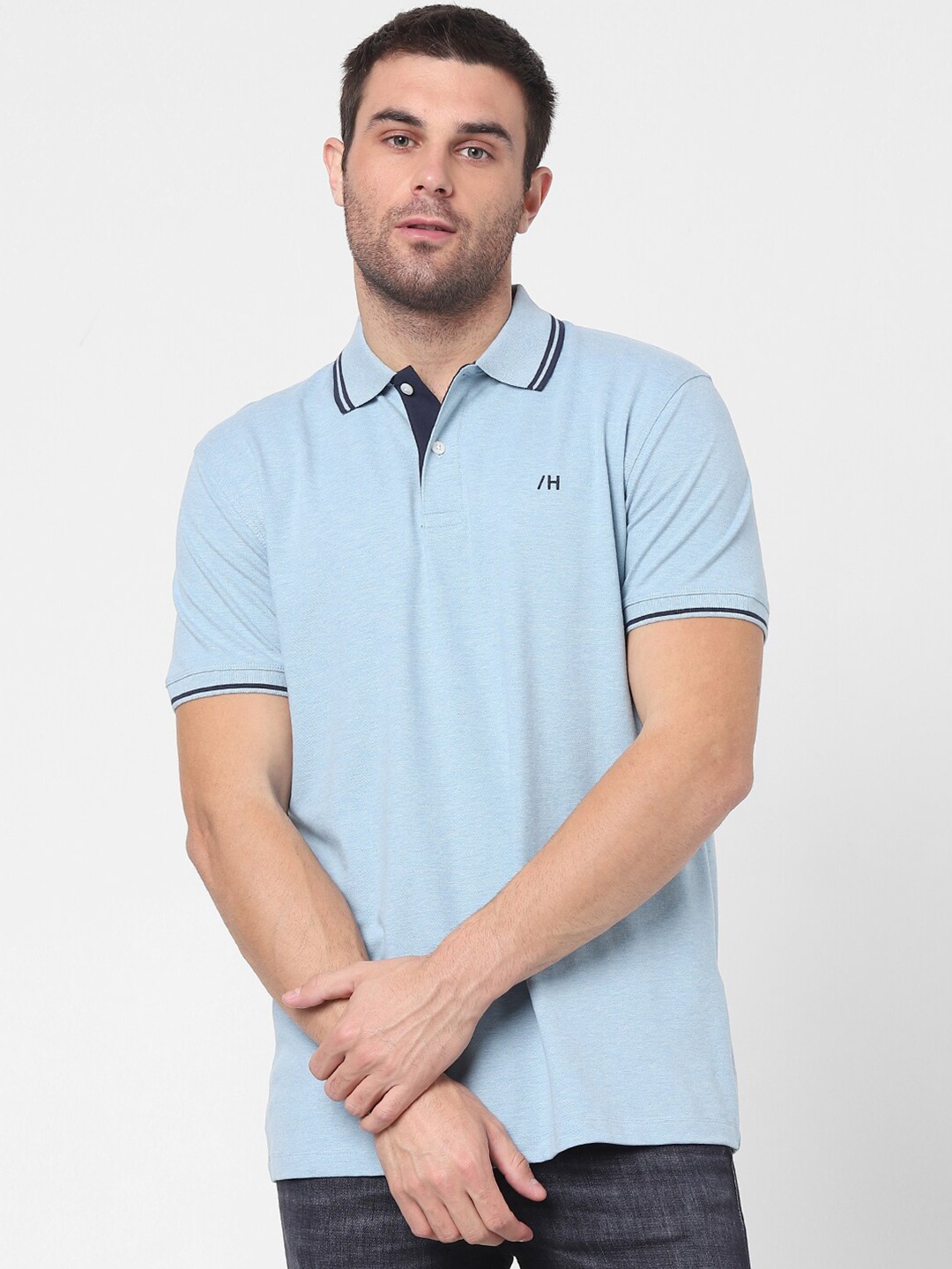 

SELECTED Men Blue Polo Collar Organic Cotton T-shirt