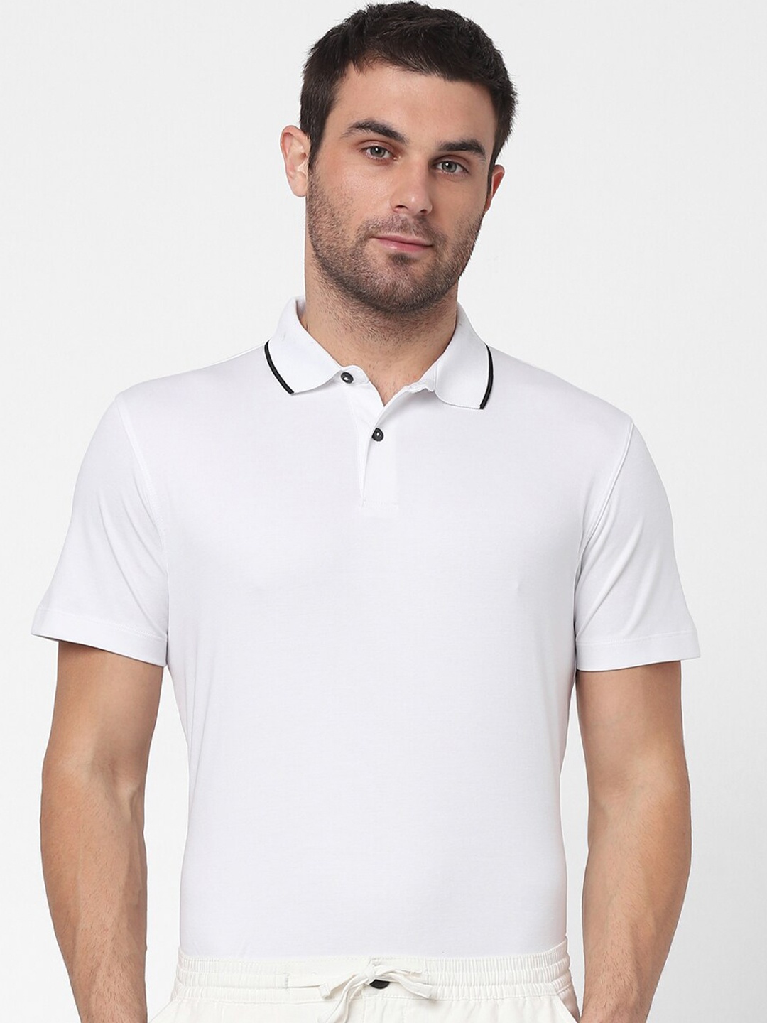 

SELECTED Men White Polo Collar Organic Cotton T-shirt