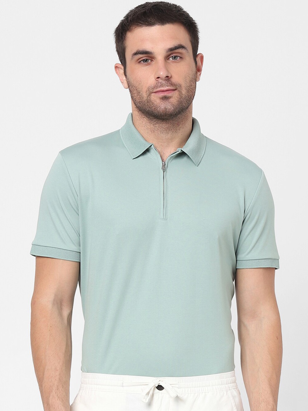 

SELECTED Men Green Polo Collar Organic Cotton T-shirt