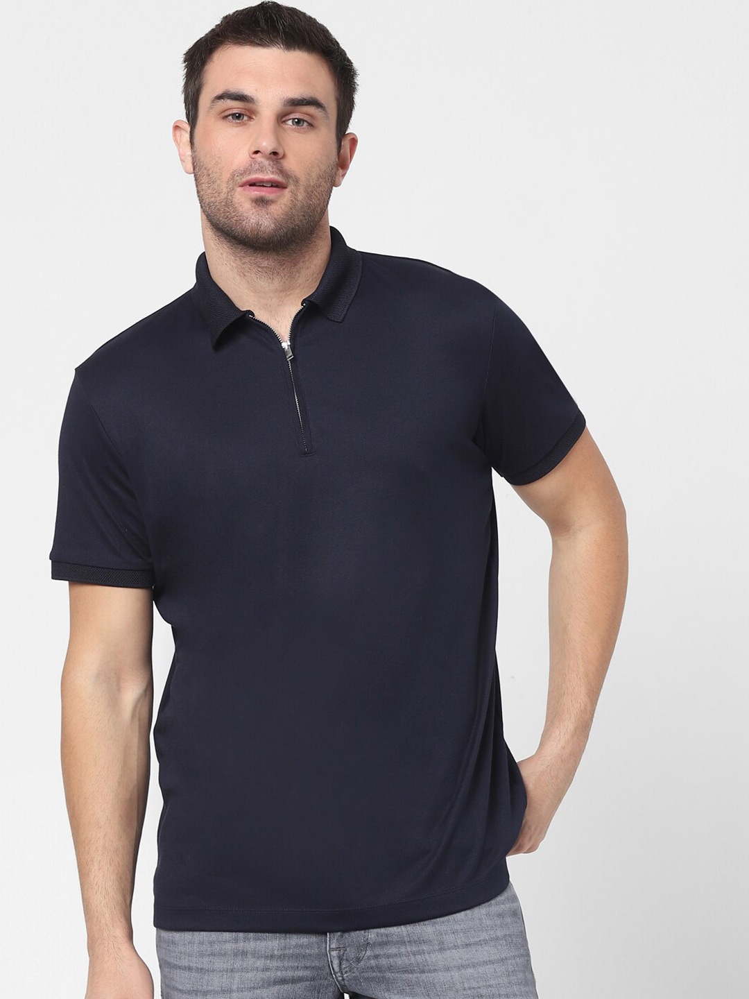 

SELECTED Men Navy Blue Polo Collar Organic Cotton T-shirt