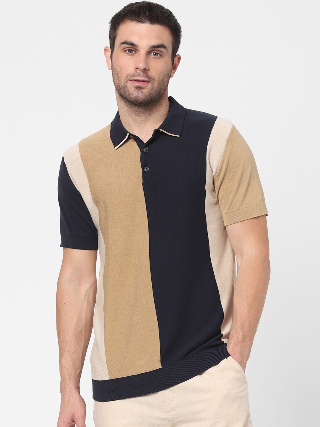 

SELECTED Men Brown & Black Colourblocked Polo Collar Pure Cotton T-shirt