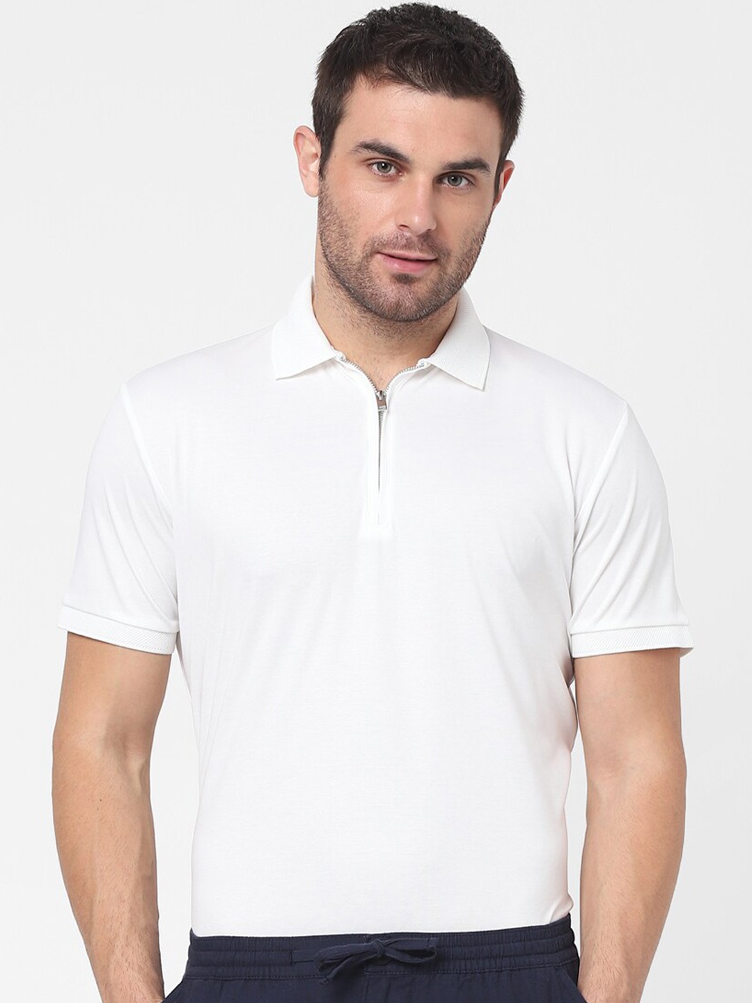 

SELECTED Men White Polo Collar Organic Cotton T-shirt