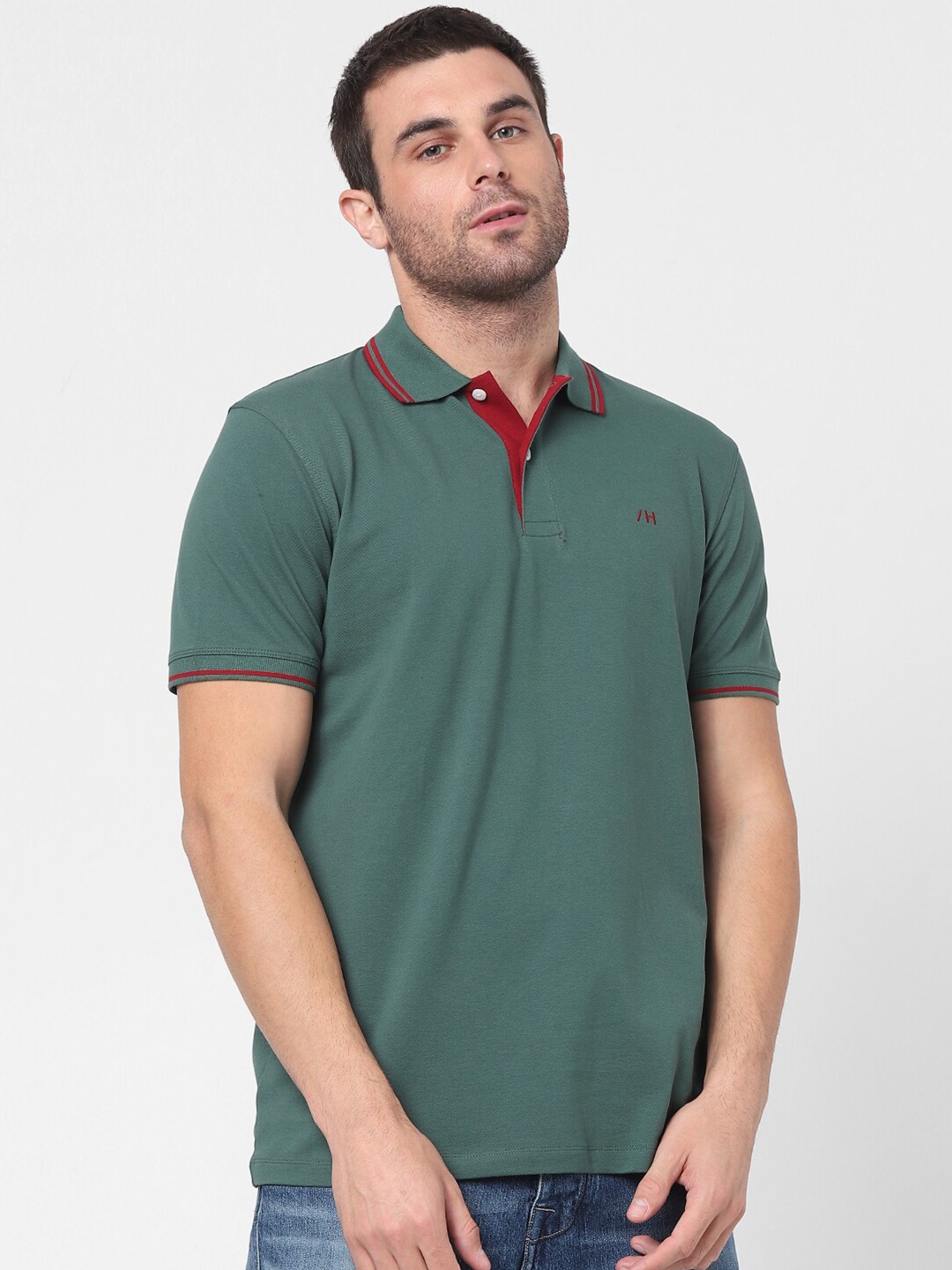 

SELECTED Men Green Polo Collar Organic Cotton T-shirt
