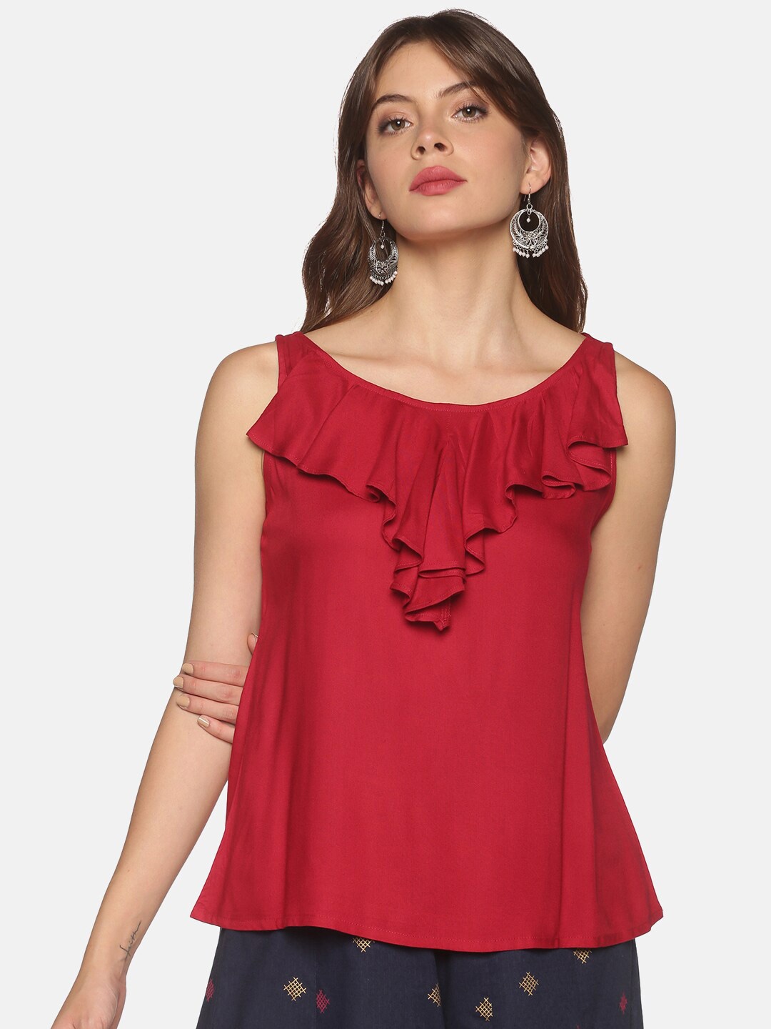 

Saffron Threads Maroon Ruffles Top
