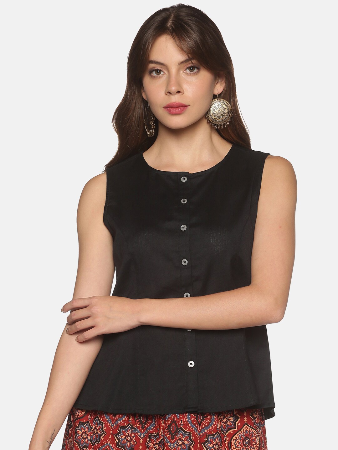 

Saffron Threads Black Panelled A-Line Cotton Linen Top