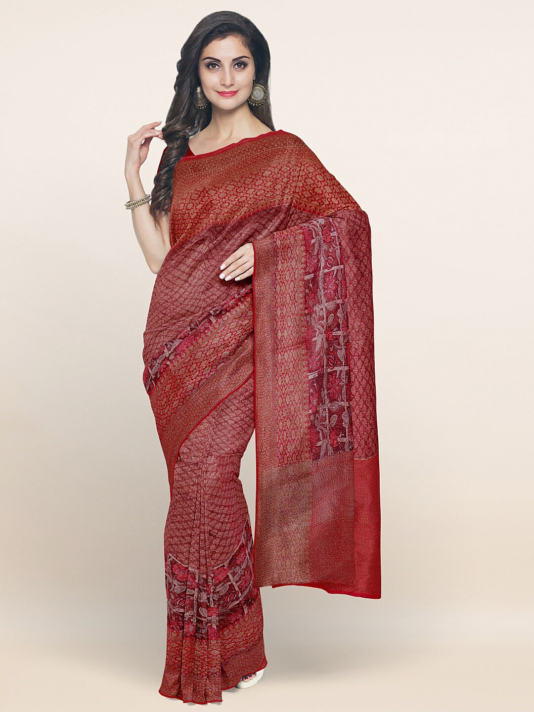 

Pothys Brown & Gold-Toned Floral Printed Zari Saree