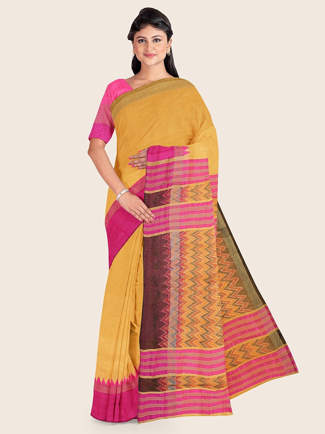 

Pothys Cream-Coloured & Pink Jute Silk Saree