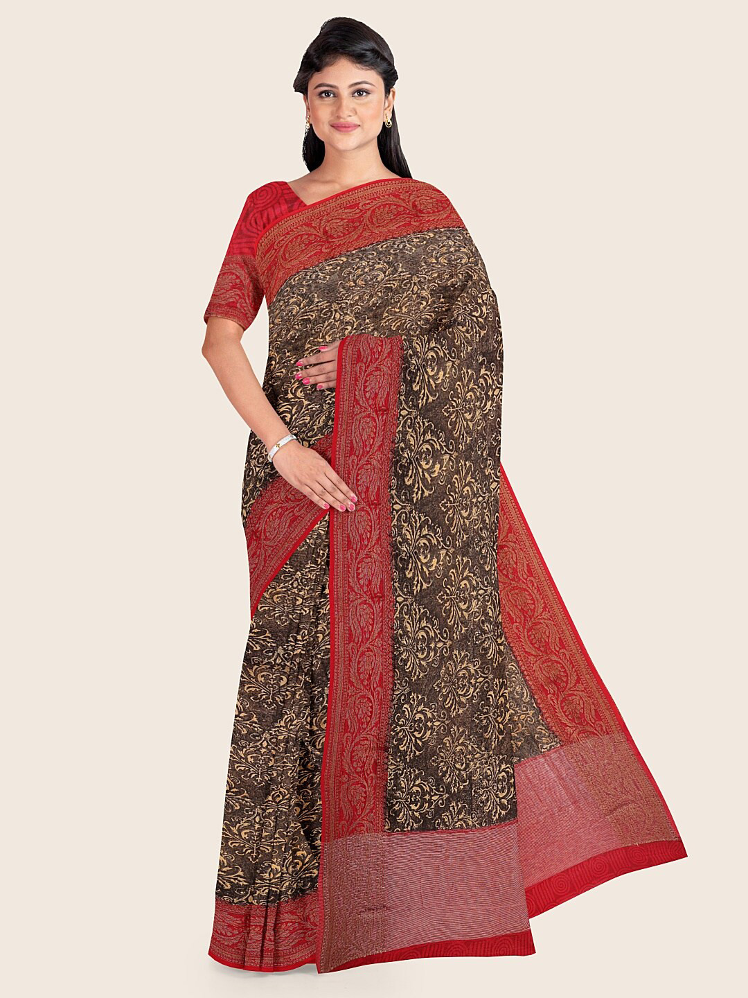 

Pothys Brown Floral Printed Cotton Blend Saree