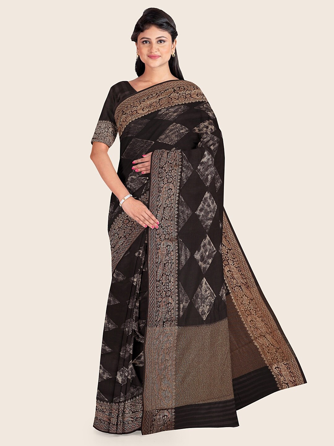 

Pothys Black & Brown Printed Zari Saree