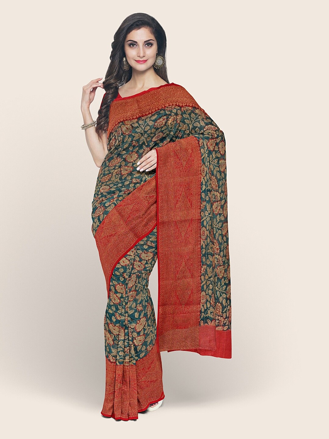

Pothys Woman Green & Red Chanderi Cotton Printed Saree