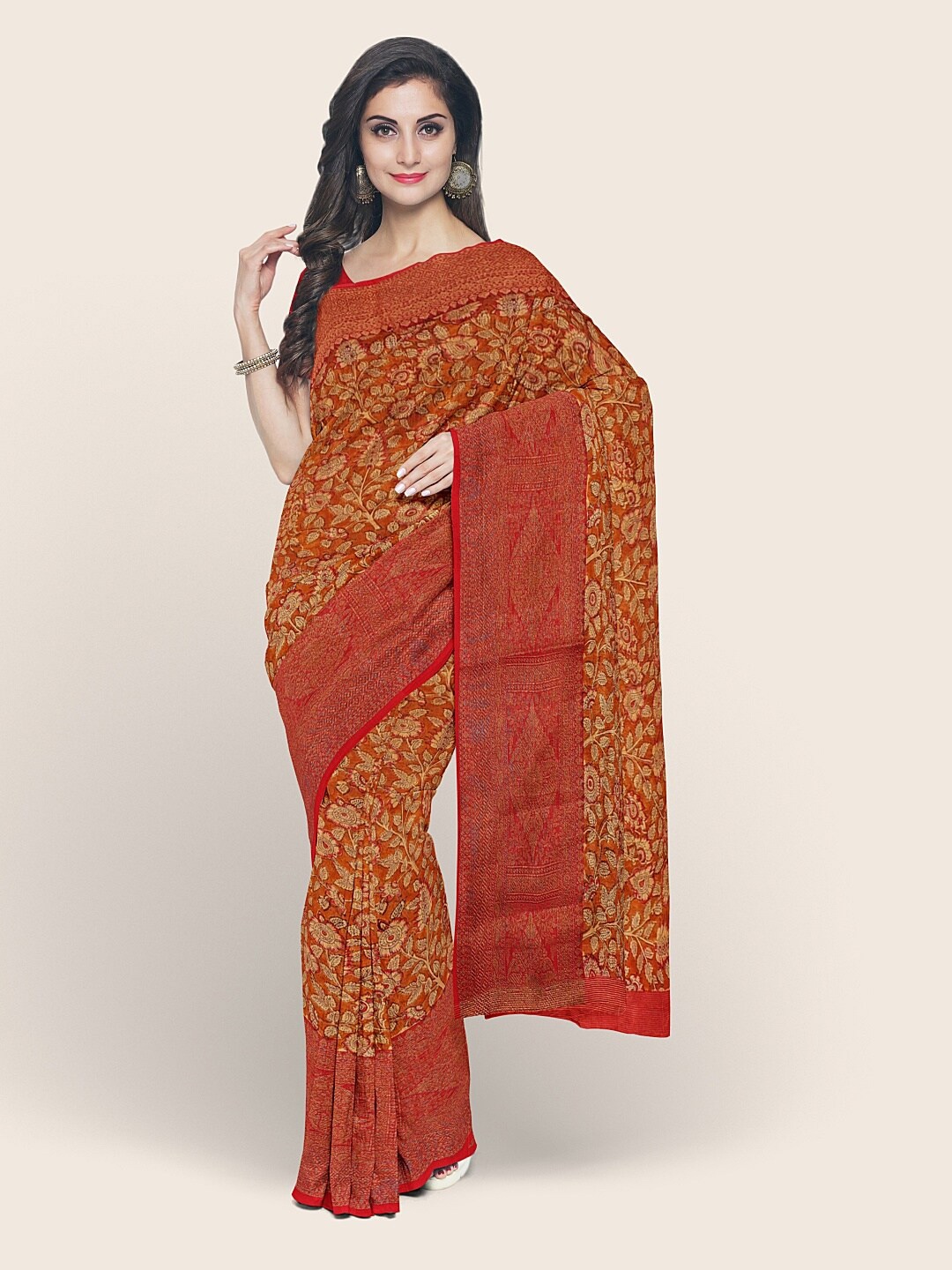 

Pothys Mustard & Orange Floral Chanderi Saree