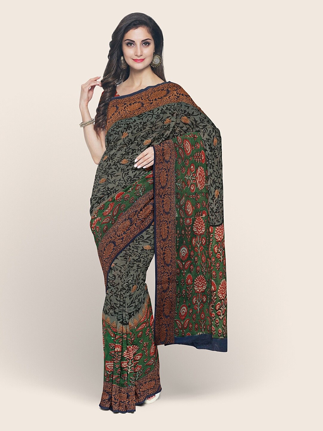 

Pothys Grey & Green Floral Printed Saree