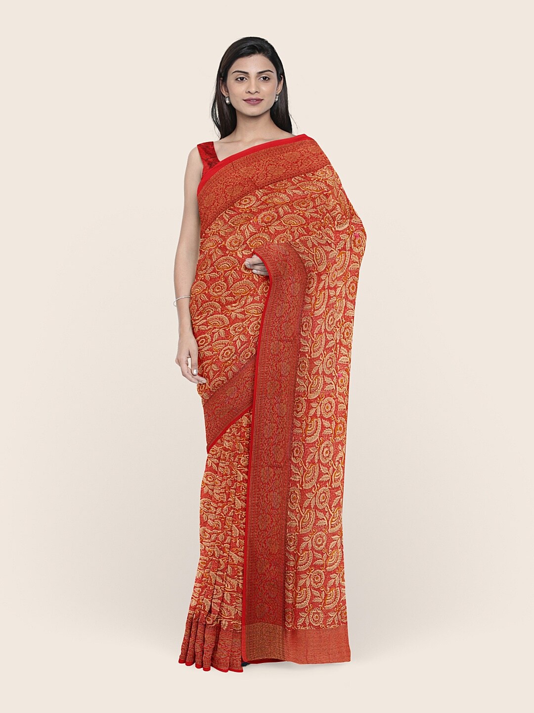 

Pothys Pink & Gold-Toned Floral Saree