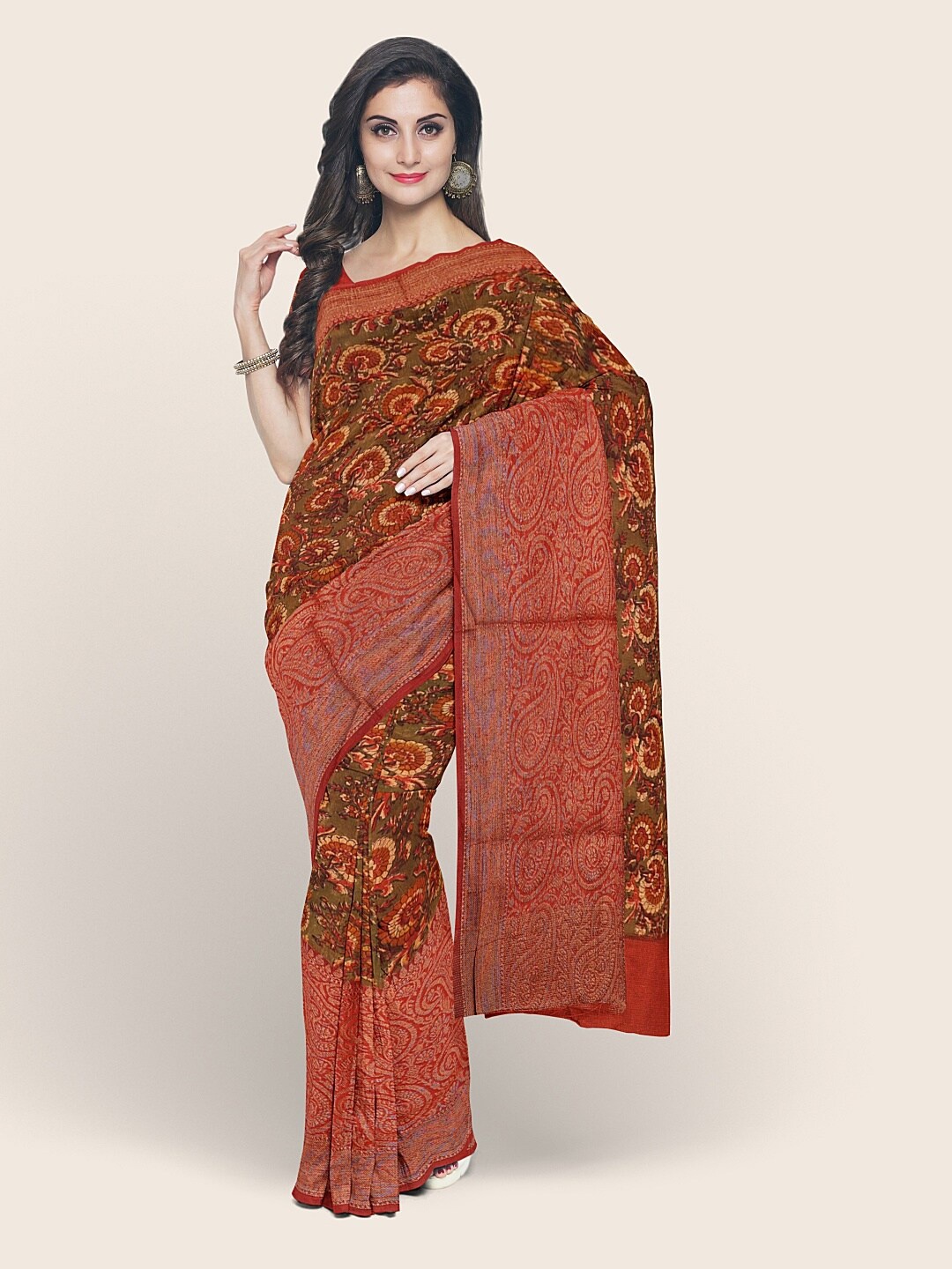 

Pothys Green & Red Floral Zari Saree