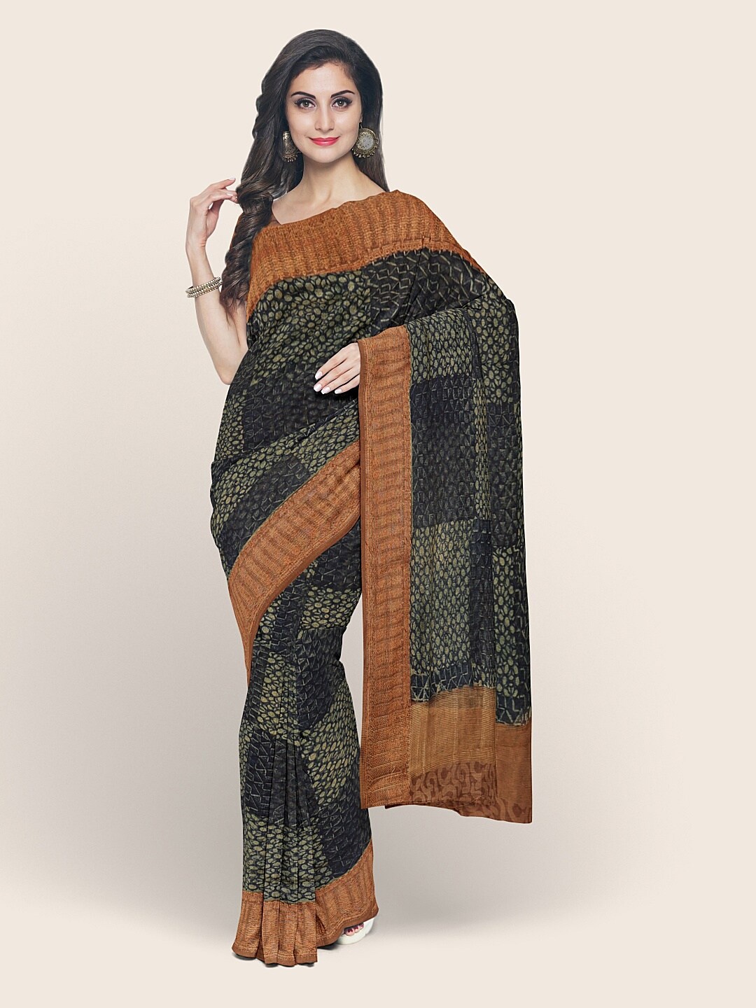 

Pothys Navy Blue & Brown Geometric Printed Cotton Blend Saree