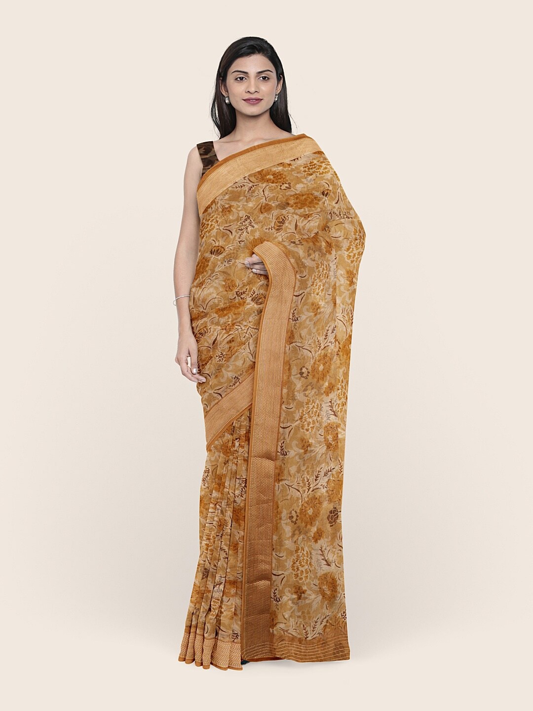 

Pothys Tan & Brown Floral Organza Saree