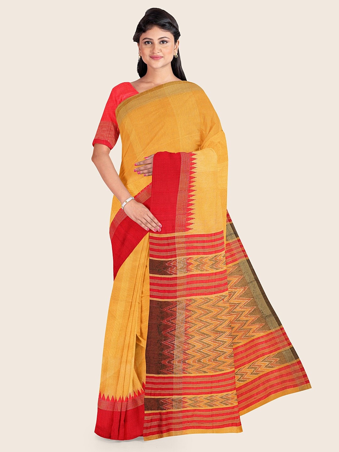 

Pothys Mustard & Red Jute Silk Saree