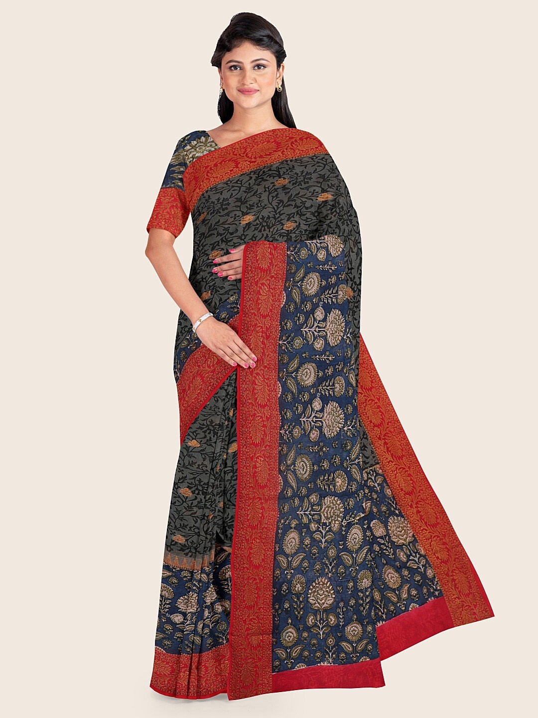

Pothys Blue & Red Floral Chanderi Saree